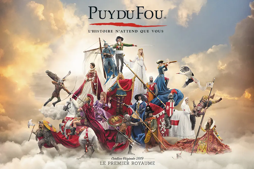 Puy du Fou promotional artwork for its historical shows, with costumed performers — a Viking, a musketeer, a knight, a queen — arranged against a cloudy sky beneath the park's logo and tagline.