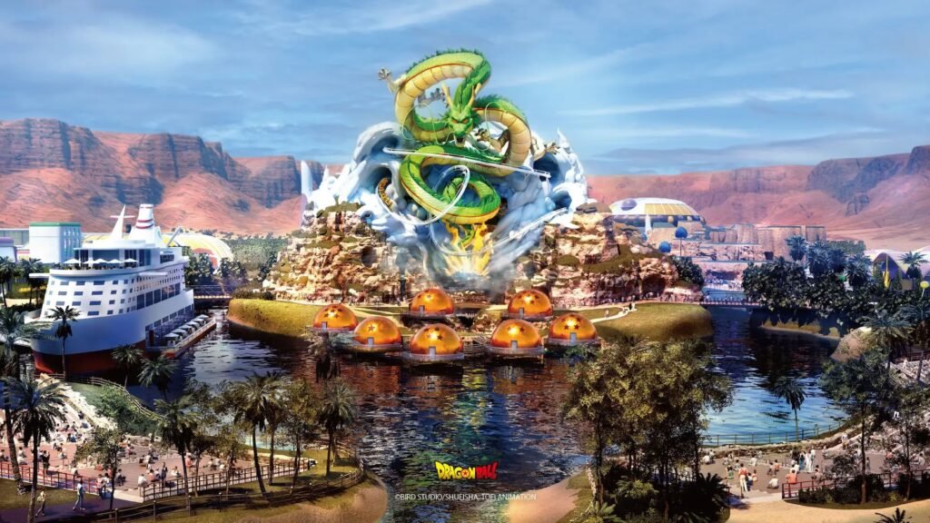 Concept rendering of a seventy-metre green Shenron dragon at Qiddiya's Dragon Ball theme park in Saudi Arabia, the template for the Dragon Ball theme park planned for France, with a coaster track threading through it and Dragon Balls floating in the lake below.