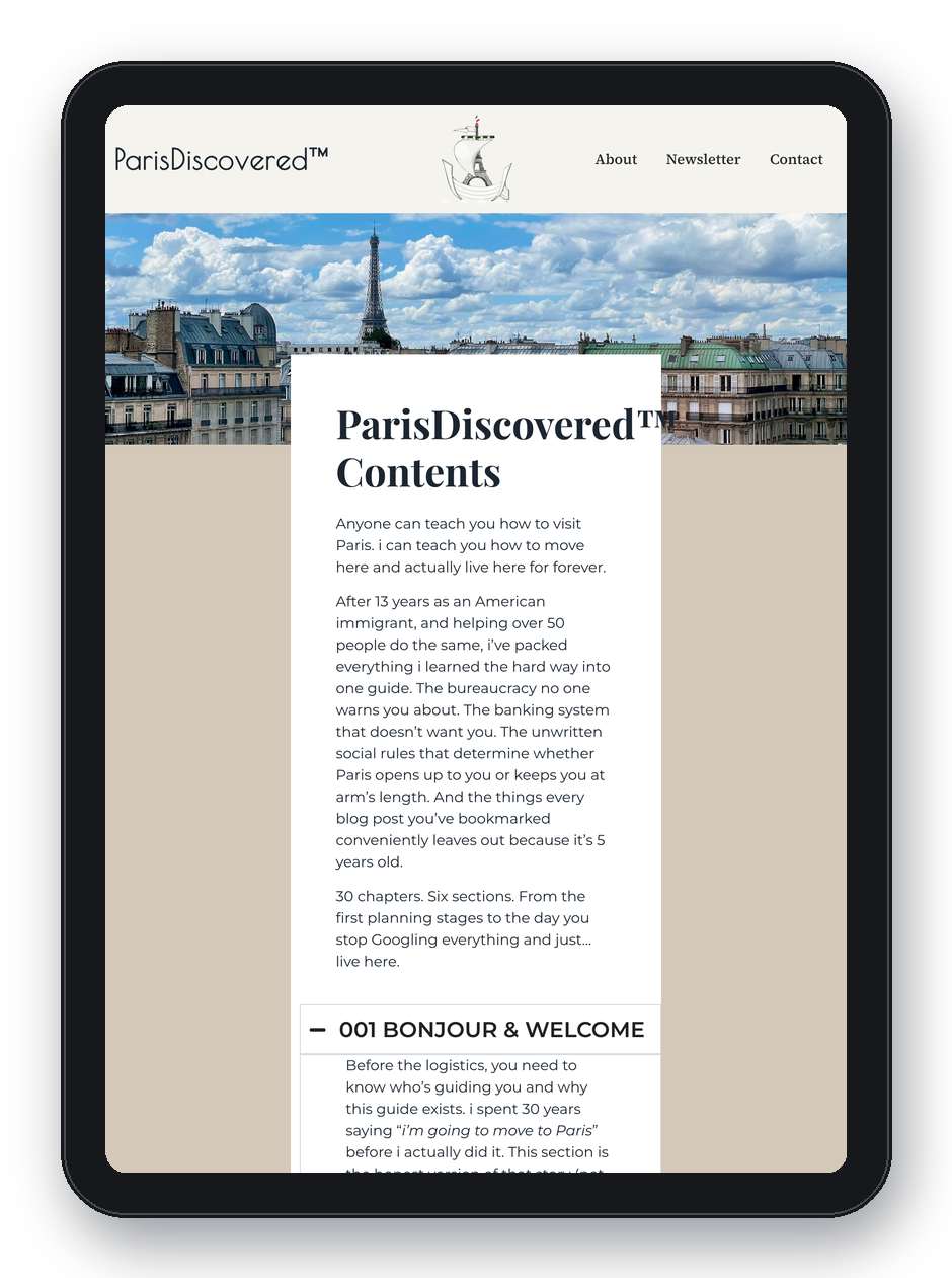 The Paris Discovered guide open on a tablet, at its contents page